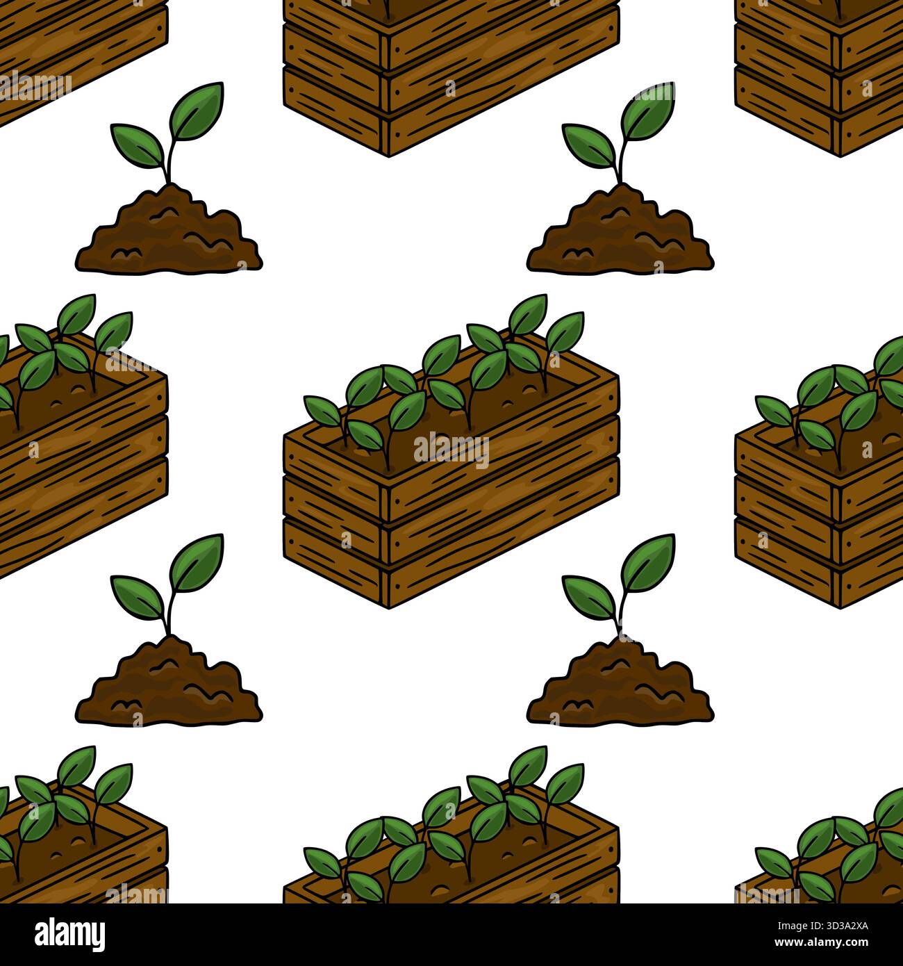 A charming seamless vector pattern featuring isometric wooden planters filled with vibrant green seedlings and small mounds of rich brown soil, evokin Stock Vector