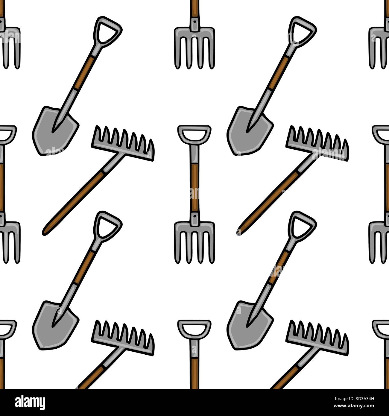 Seamless vector pattern featuring garden shovels, rakes, and pitchforks with a simple, illustrative style and a white background. Stock Vector
