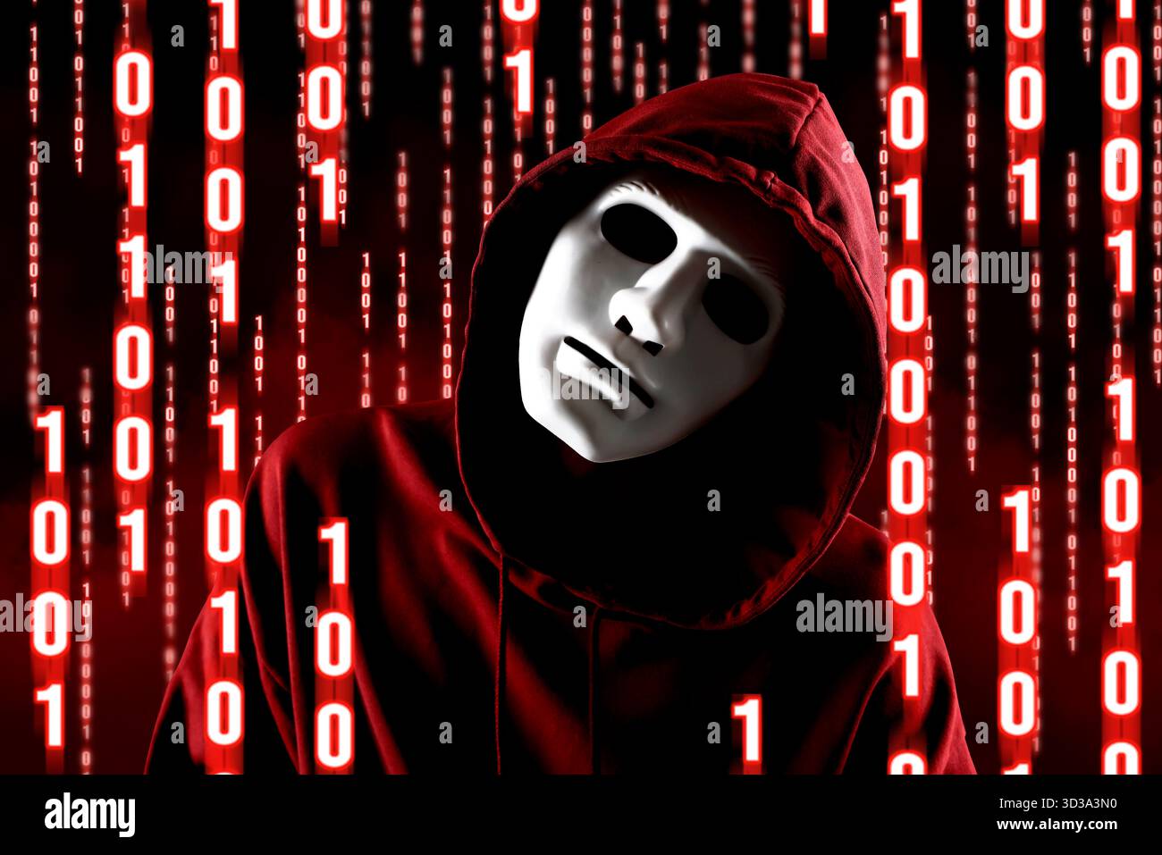 Cyber attack. Hacker in mask and red glowing binary code around him Stock Photo