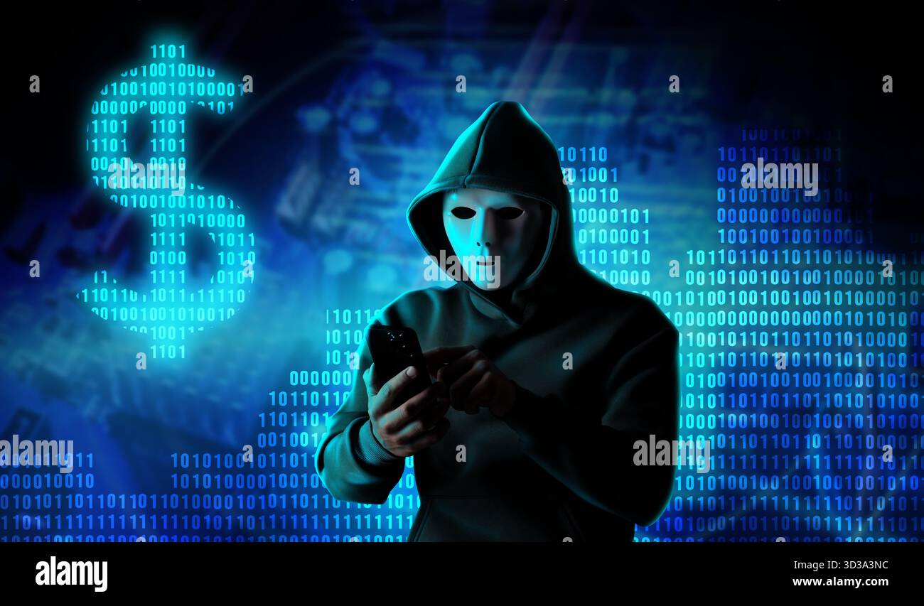Cyber attack. Hacker in mask using mobile phone. Blue binary code and dollar sign Stock Photo