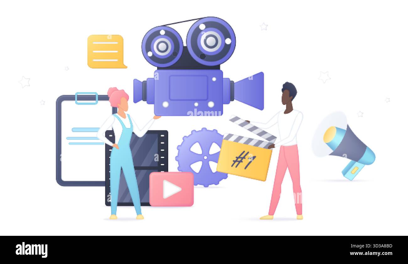 Creative cinema production process camera clapperboard film reel ...