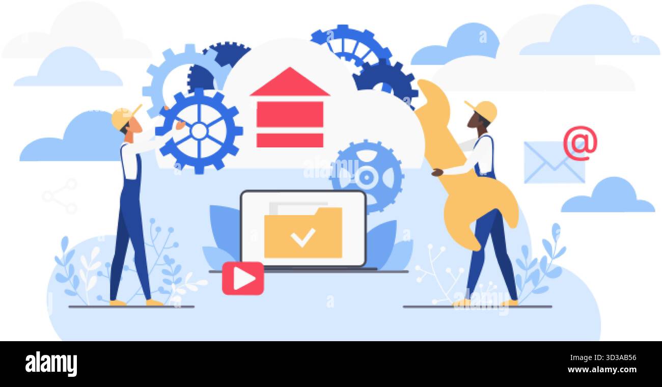 Cloud computing teamwork with gears, wrench, and digital data ...
