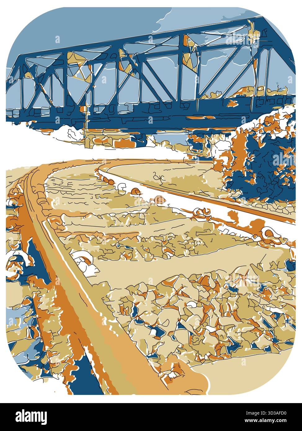 Sketch-style impressionnist painting,Railway tracks under the iron bridge,Digital illustration vector image Stock Vector