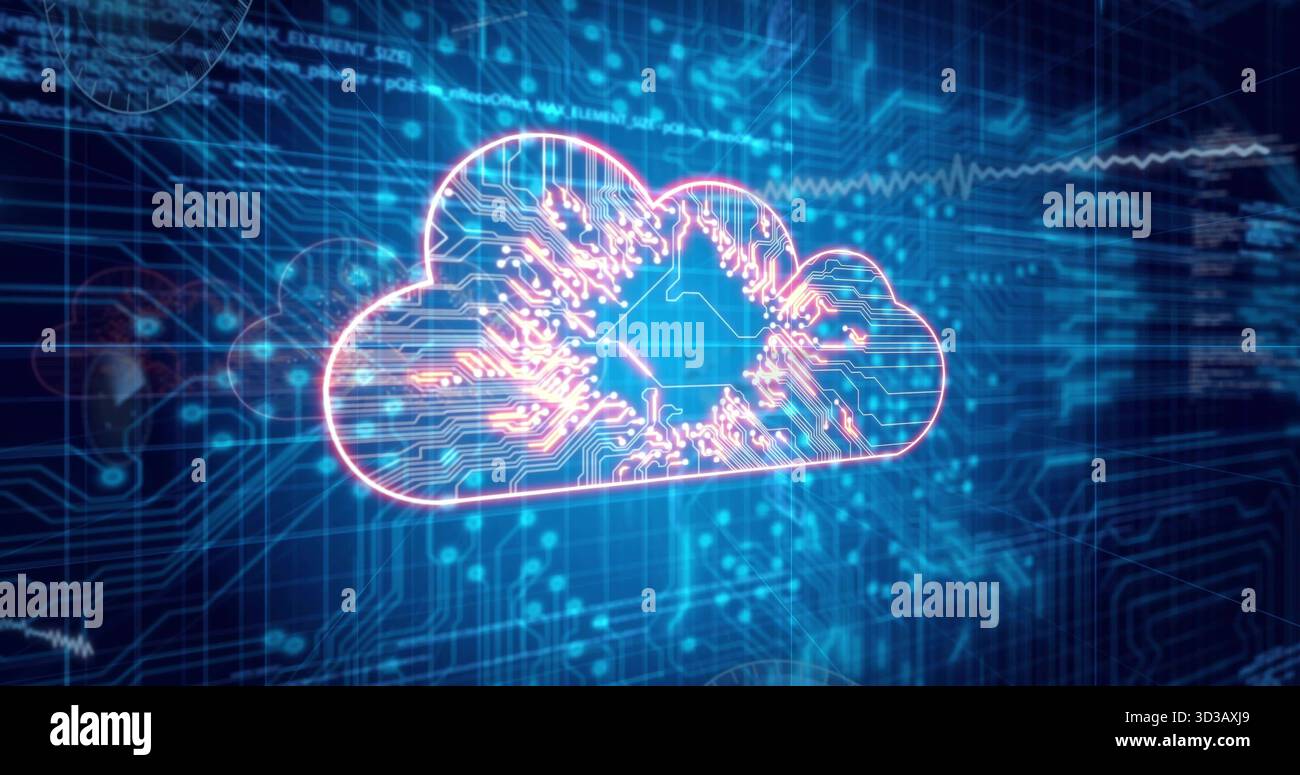 Floating glowing cloud icon pulsing in circuit interface with microchip motif and waveform graph Stock Photo