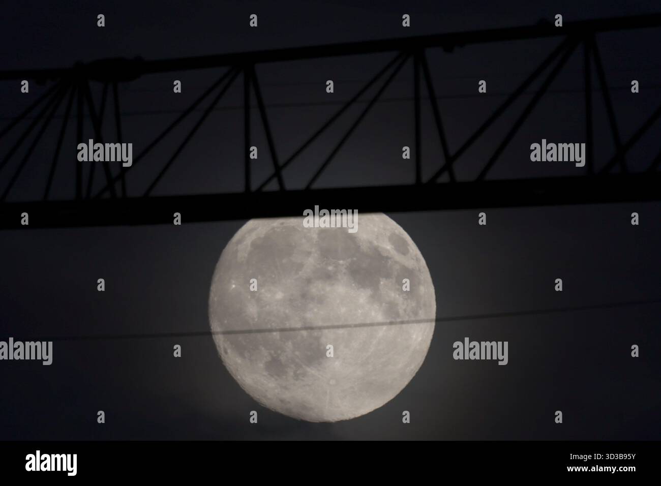 A building crane is silhouetted against Beaver Moon, the final supermoon of 2025. Stock Photo