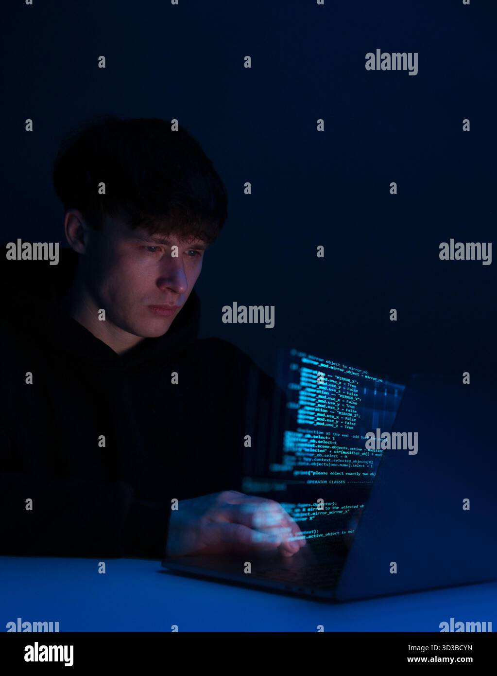 programmer working on laptop, hacker, glowing floating code, merging digital and physical world, augmented reality, cyber security, hacking, software Stock Photo