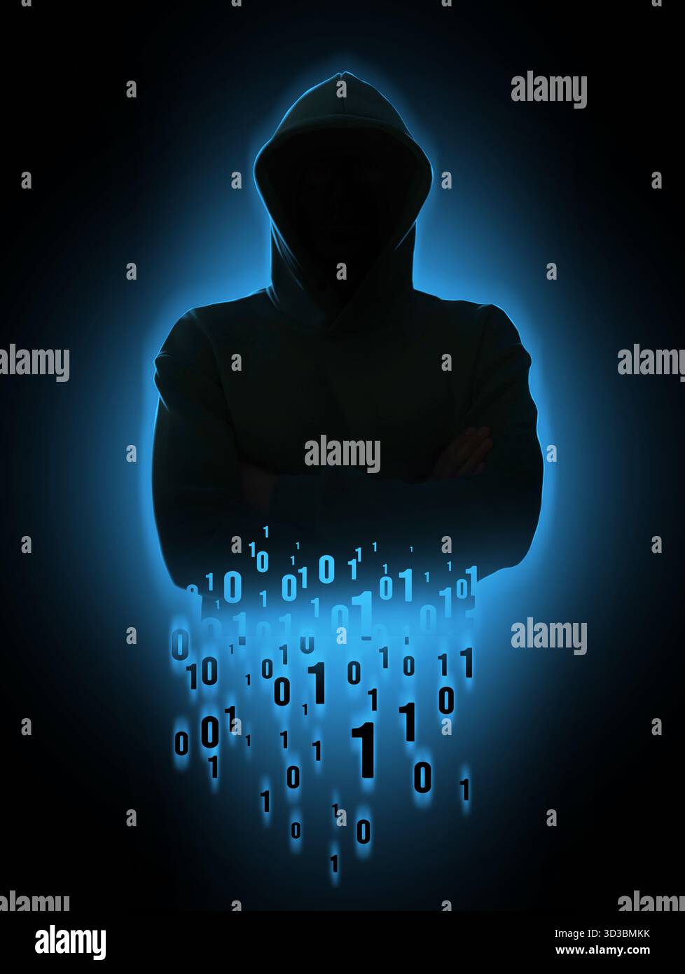 Cyber attack. Hacker in hood and binary code on dark background Stock Photo