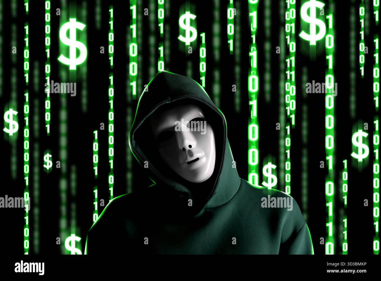 Cyber attack. Hacker in mask, green glowing binary code and dollar signs behind him Stock Photo