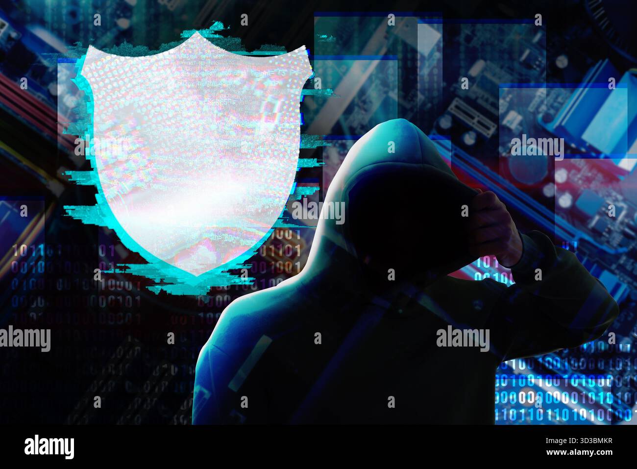 Cyber attack. Hacker in hood and shield, glitch effect Stock Photo