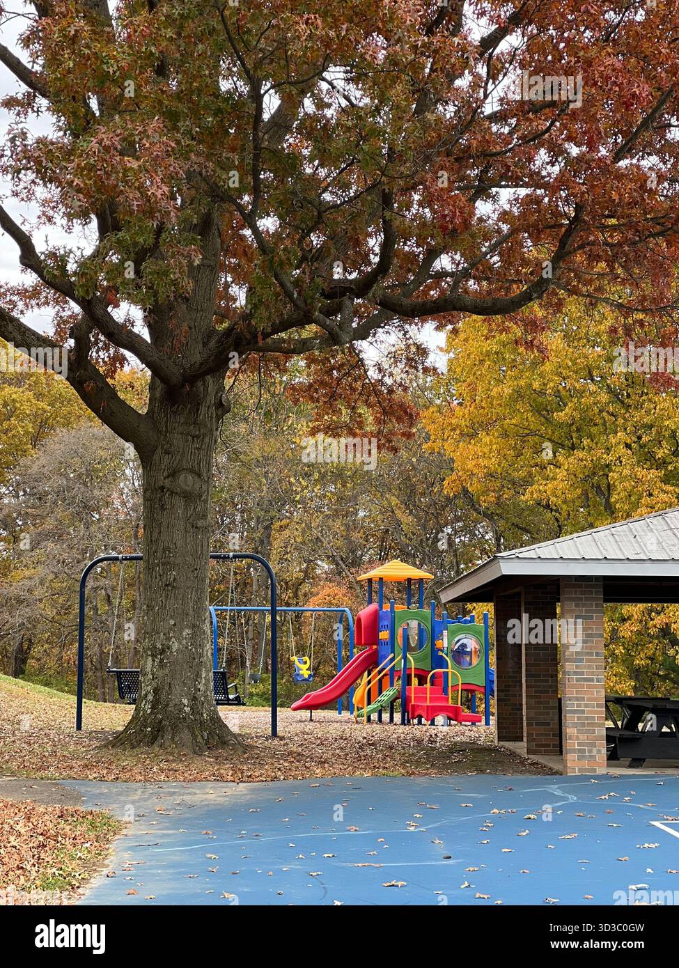 Children's playground surrounded by colorful autumn trees in a public park, Pennsylvania - Smartphone Captured Stock Image