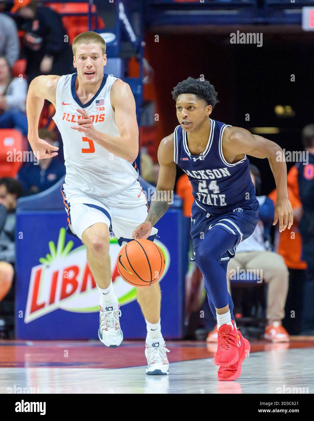 Jackson State guard Daeshun Ruffin is pursued by Illinois' Ben ...