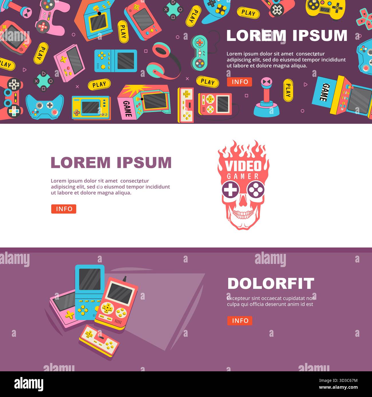 Game banners. gamepad and consoles illustration in horizontal banners ...