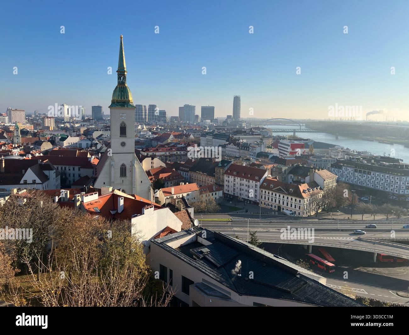 View over Bratislava from Bratislava Castle with St Martin's Catherdral and Old Town in foreground. Morning in November. - Smartphone Captured Stock Image