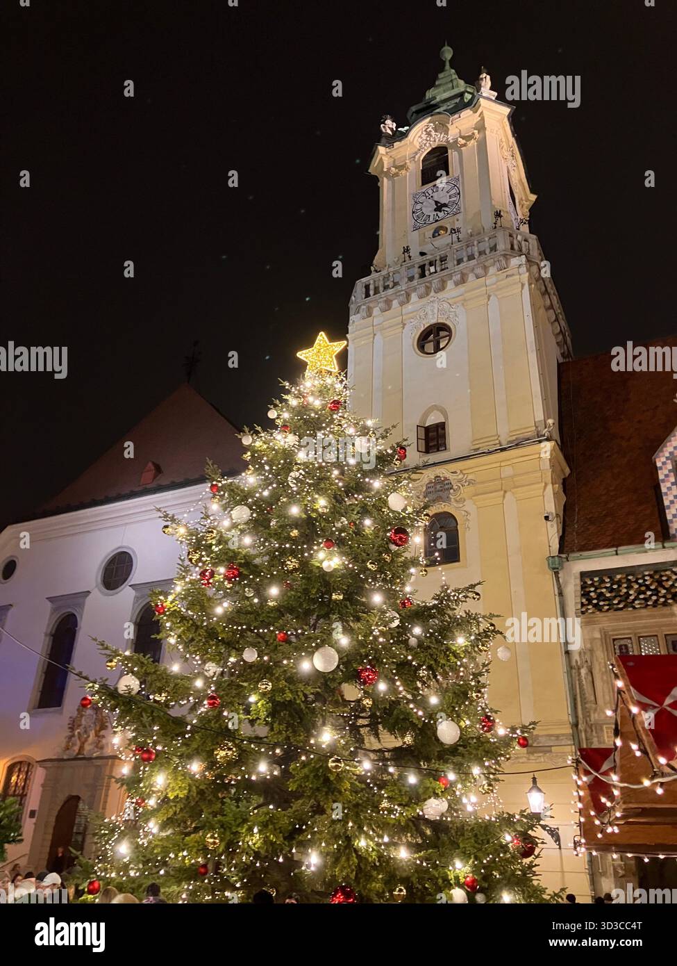 Christmas tree in front of Jesuit Church, Main Square, Bratislava, Slovakia - Smartphone Captured Stock Image