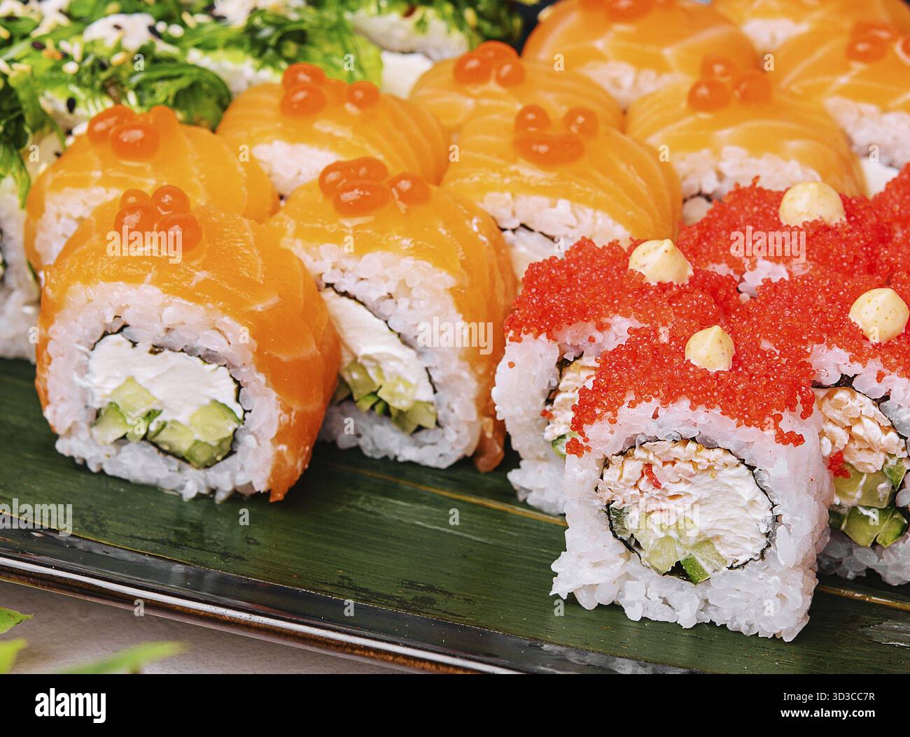 Food, Big set of rolls with wasabi and pickled ginger Stock Photo