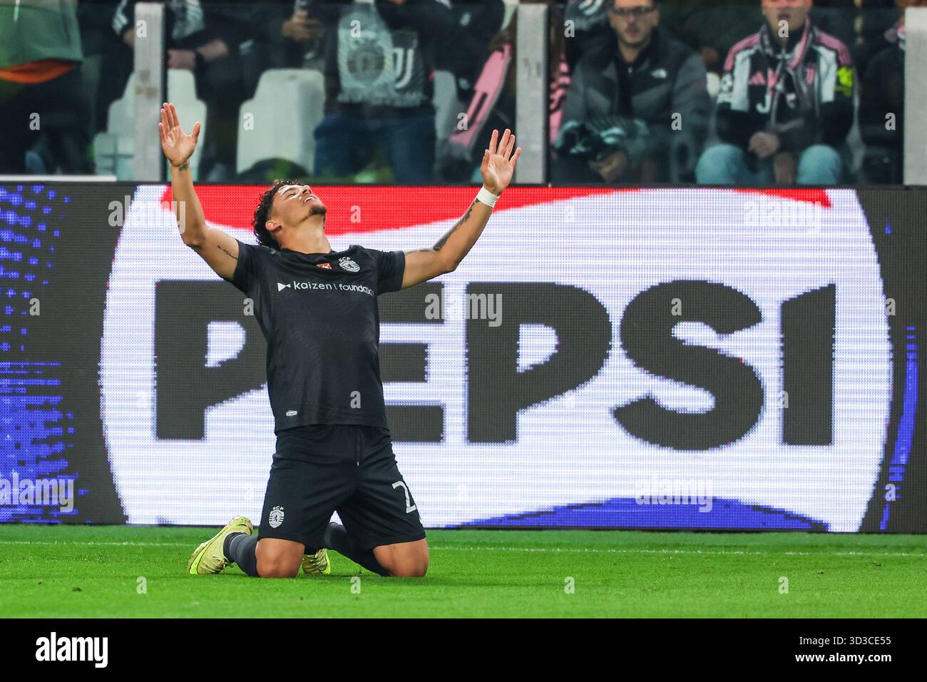 Maximiliano Araujo of Sporting CP celebrates after scoring a goal during UEFA Champions League 2025/26 League Phase - Matchday 4 football match between Juventus FC and Sporting CP at Allianz Stadium in Turin. Final score; Juventus FC 1 : 1  Sporting CP. Stock Photo