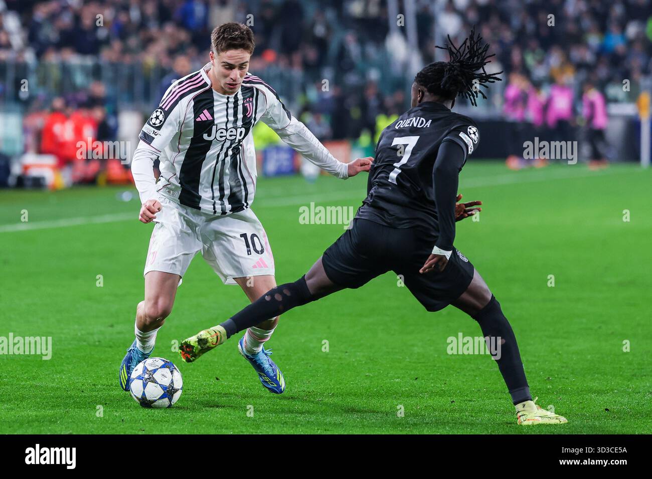 Kenan Yildiz of Juventus FC seen in action during UEFA Champions League 2025/26 League Phase - Matchday 4 football match between Juventus FC and Sporting CP at Allianz Stadium in Turin. Final score; Juventus FC 1 : 1  Sporting CP. Stock Photo