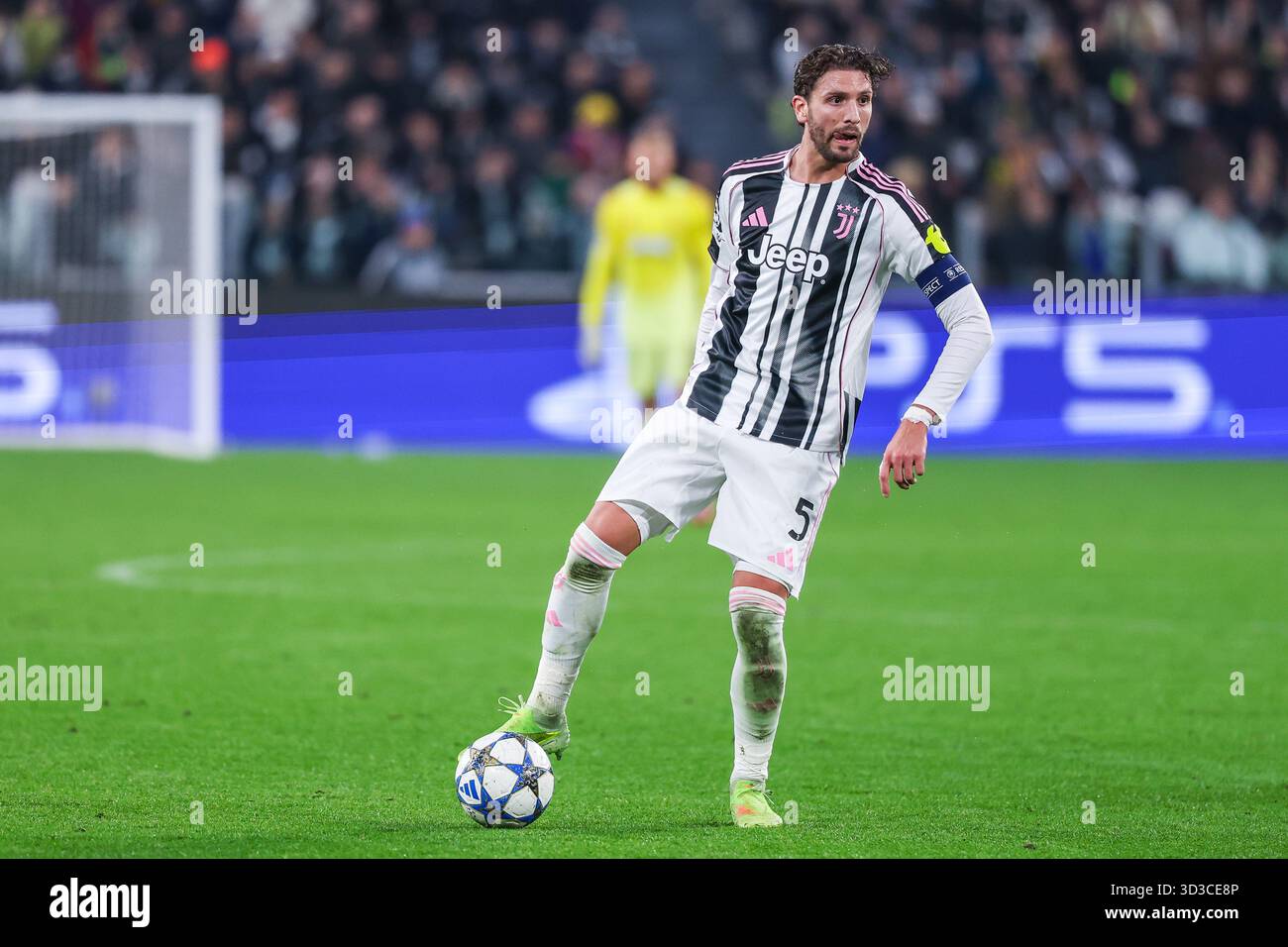 Manuel Locatelli of Juventus FC seen in action during UEFA Champions League 2025/26 League Phase - Matchday 4 football match between Juventus FC and Sporting CP at Allianz Stadium in Turin. Final score; Juventus FC 1 : 1  Sporting CP. Stock Photo