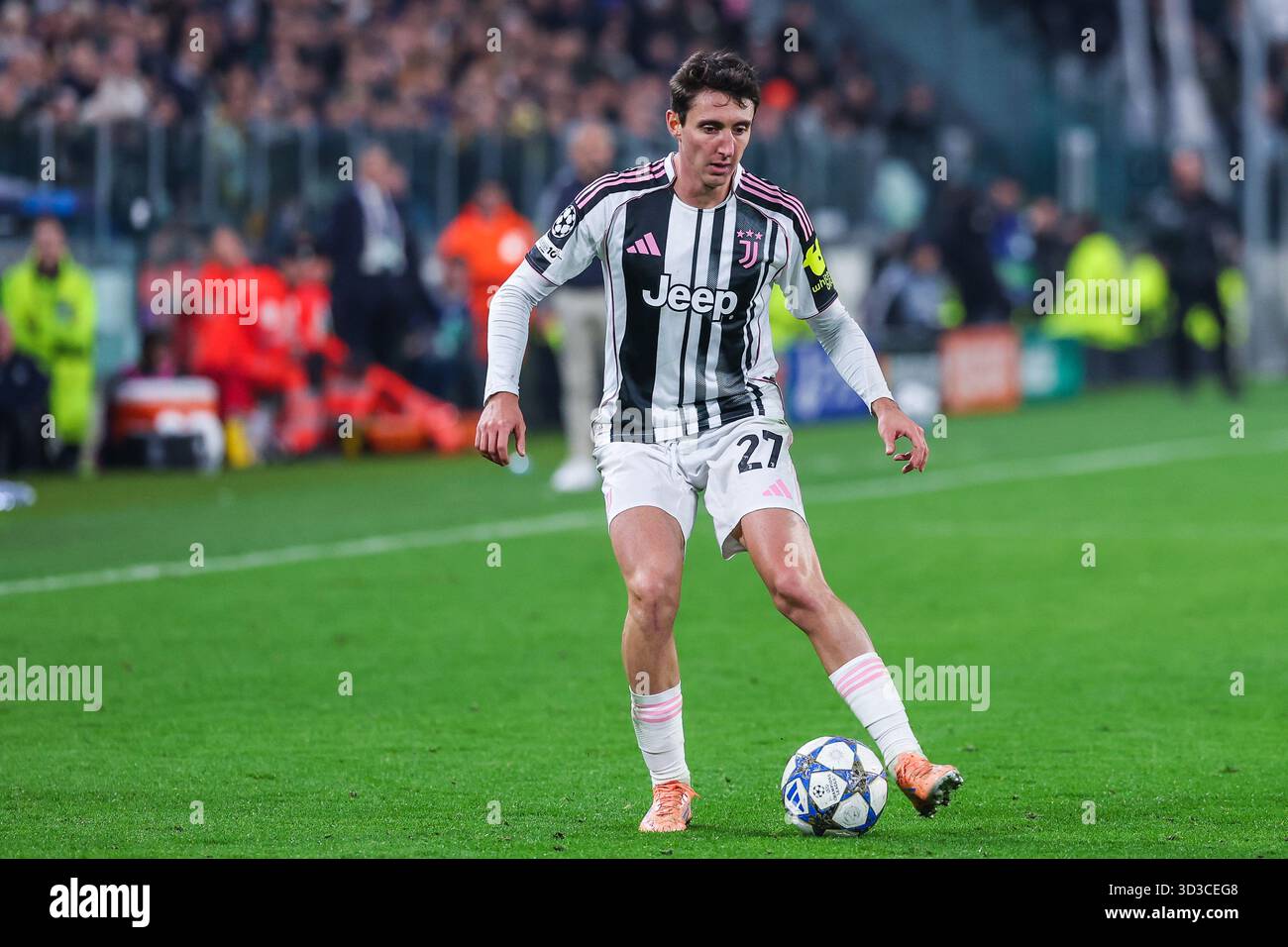 Andrea Cambiaso of Juventus FC seen in action during UEFA Champions League 2025/26 League Phase - Matchday 4 football match between Juventus FC and Sporting CP at Allianz Stadium in Turin. Final score; Juventus FC 1 : 1  Sporting CP. Stock Photo