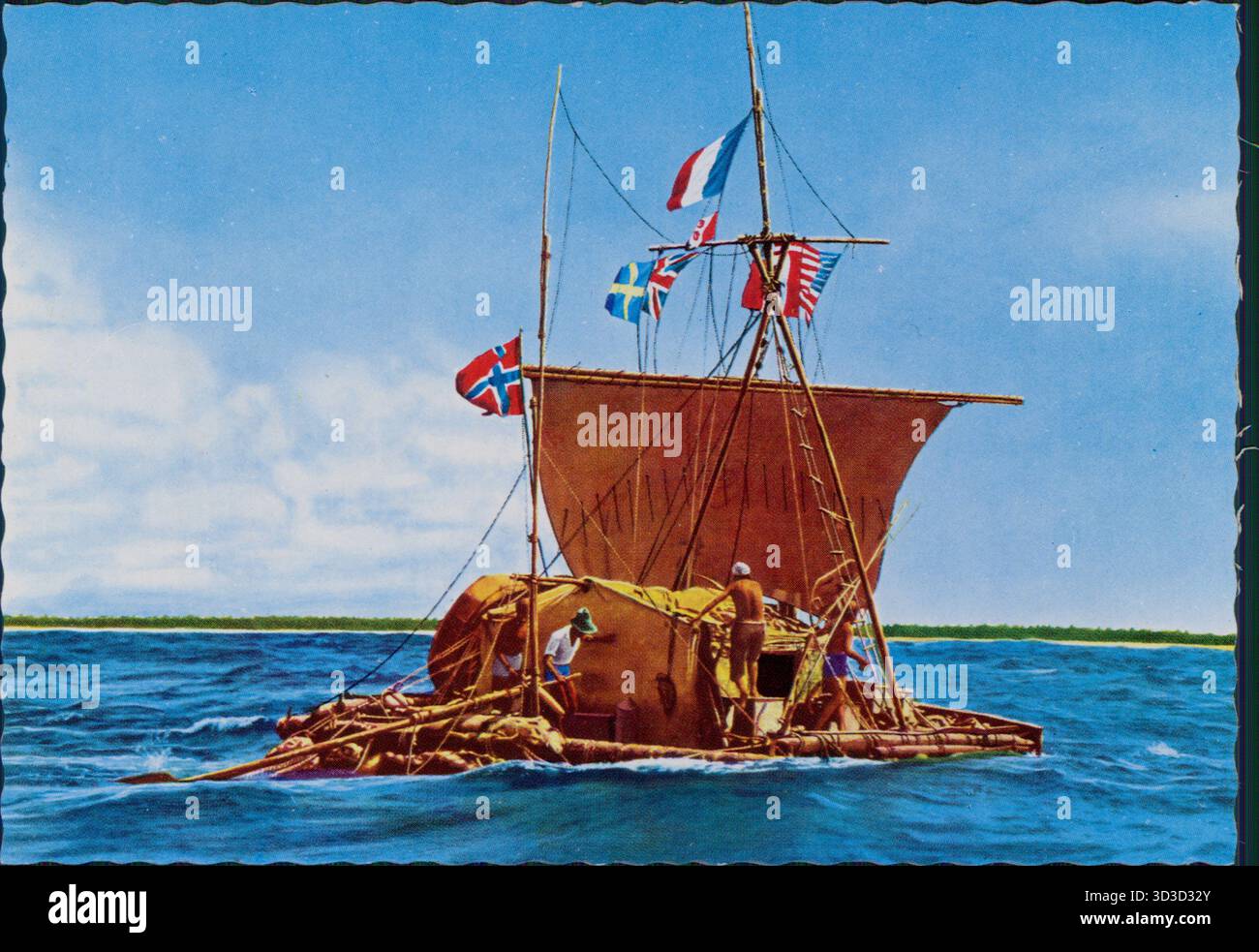 Saling Raft Kon-Tiki raft with crew members and international flags sailing in ...