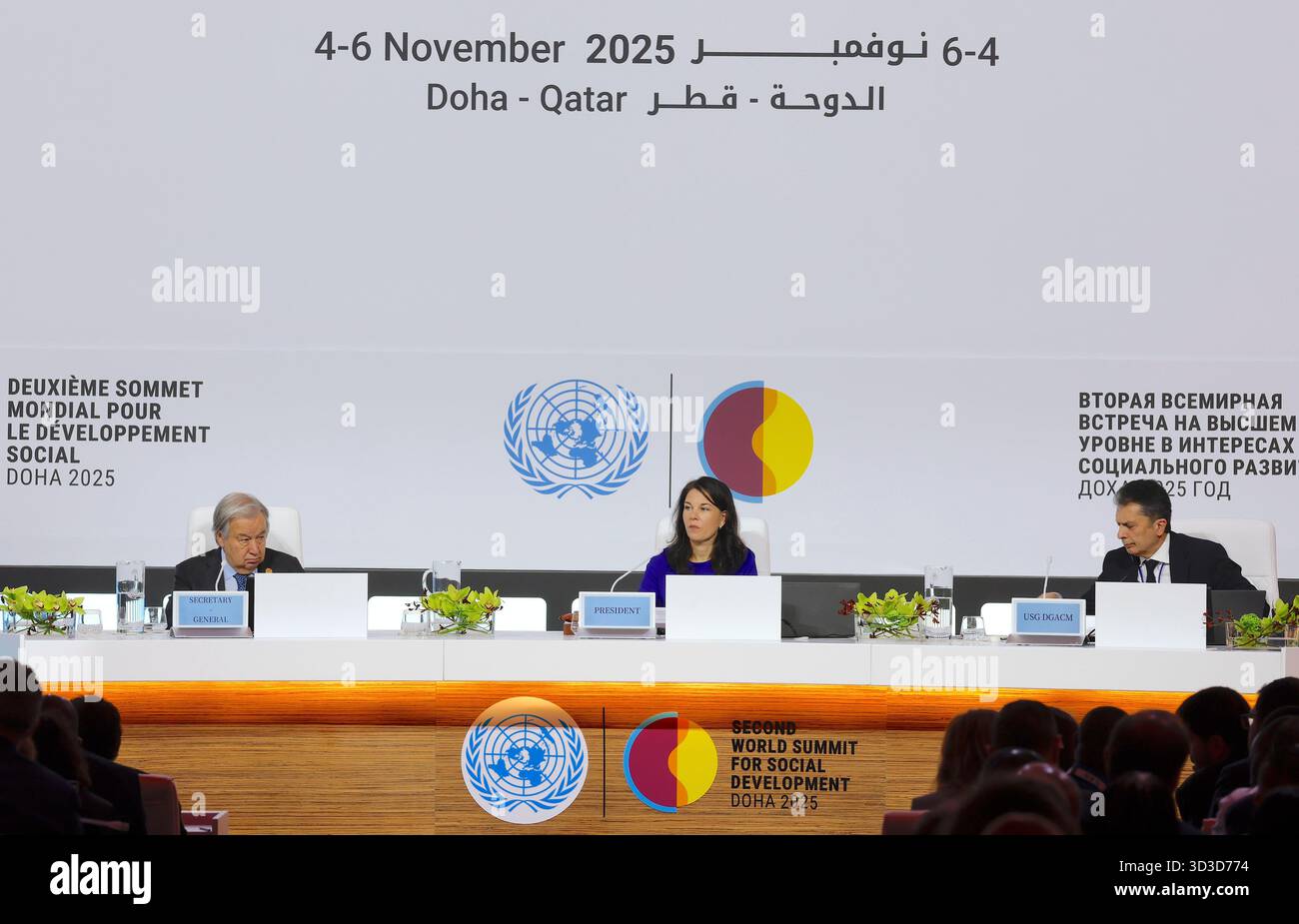 President of the United Nations General Assembly Annalena Baerbock speaks at the Second World Summit for Social Development, focusing on advancing social development and reaffirming commitments to the Copenhagen Declaration. Stock Photo