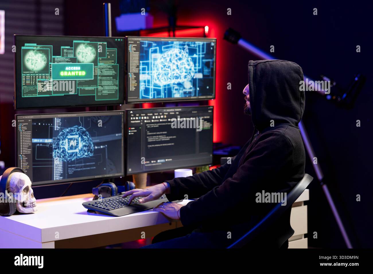 Hacker typing on keyboard, running neural network software to breach company security and open locked databases. Rogue engineer doing cyber attacks, operating machine learning hacking platforms Stock Photo
