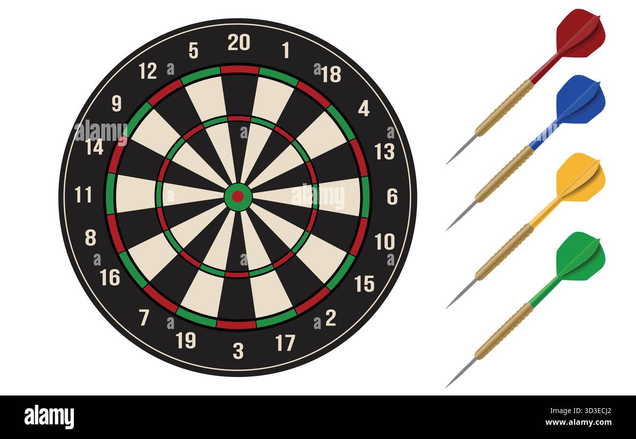 Dartboard and darts on white background, vector illustration Stock Vector