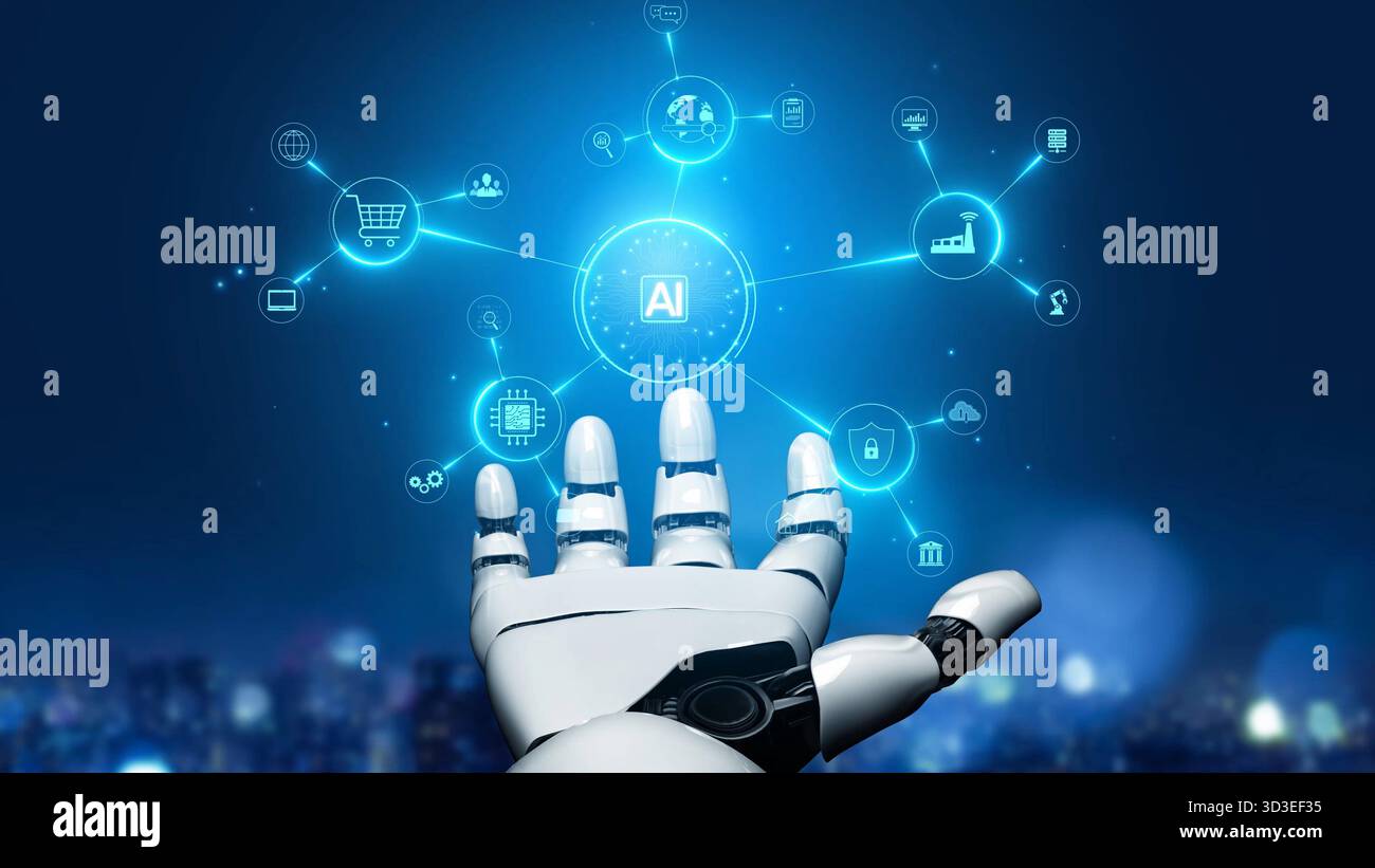 AI powers intelligent networks by linking data, enhancing real-time analytics, securing communication, and improving system efficiency and automation Stock Photo