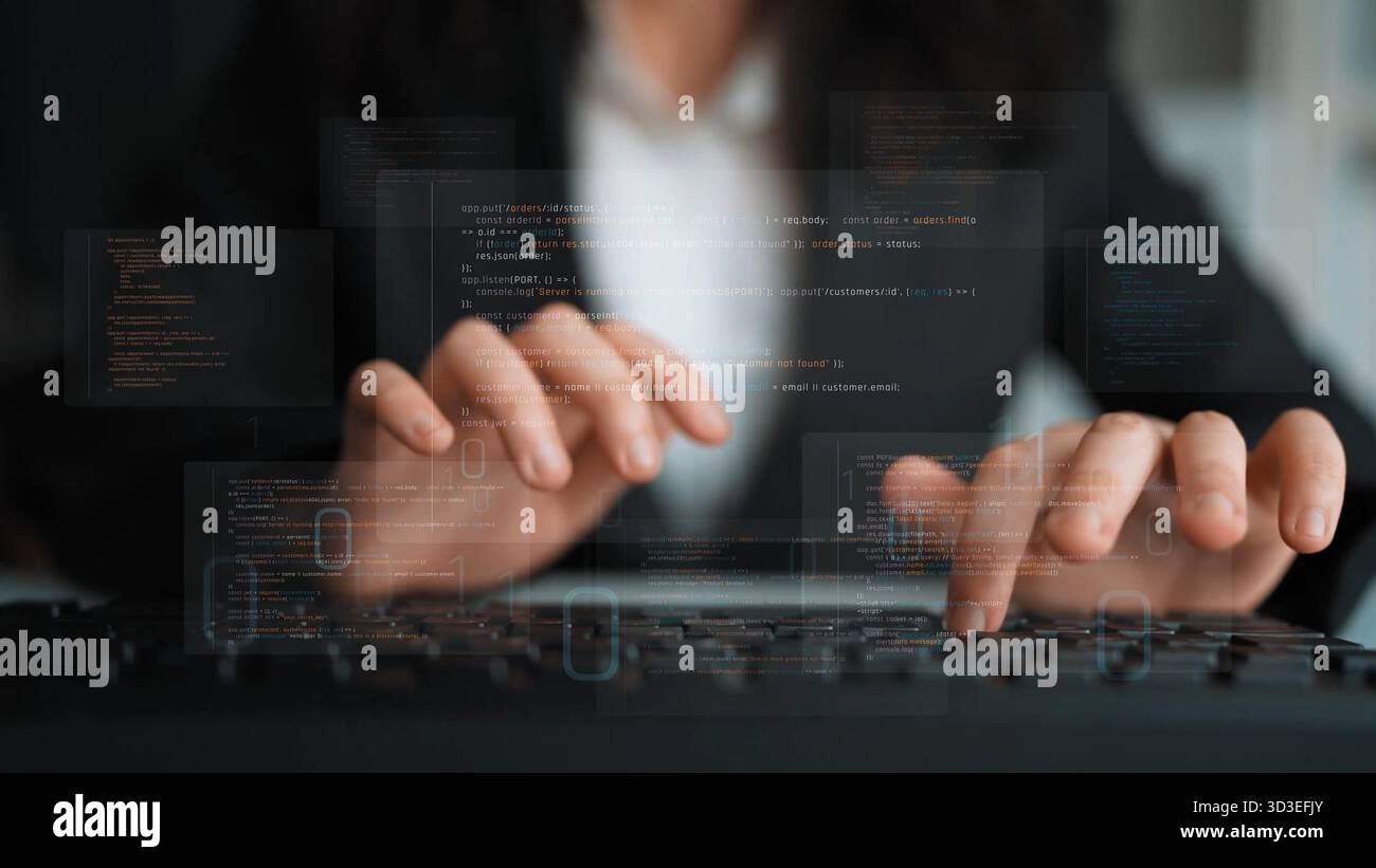 AI accelerates software development through intelligent coding, automation, and debugging support. Software systems become more efficient with AI Stock Photo
