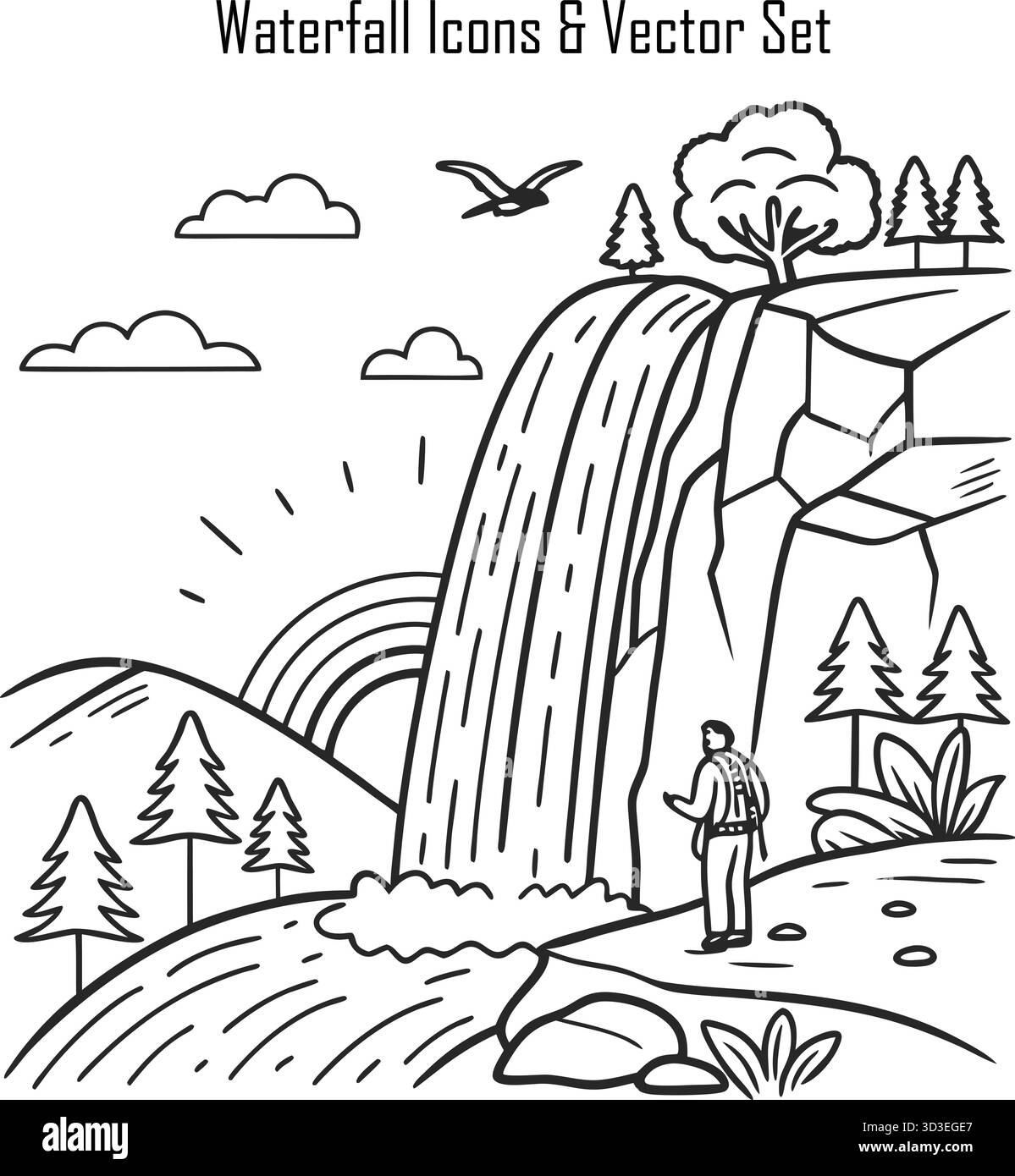 Waterfall Icons Illustration with Nature and Travel Elements Stock ...