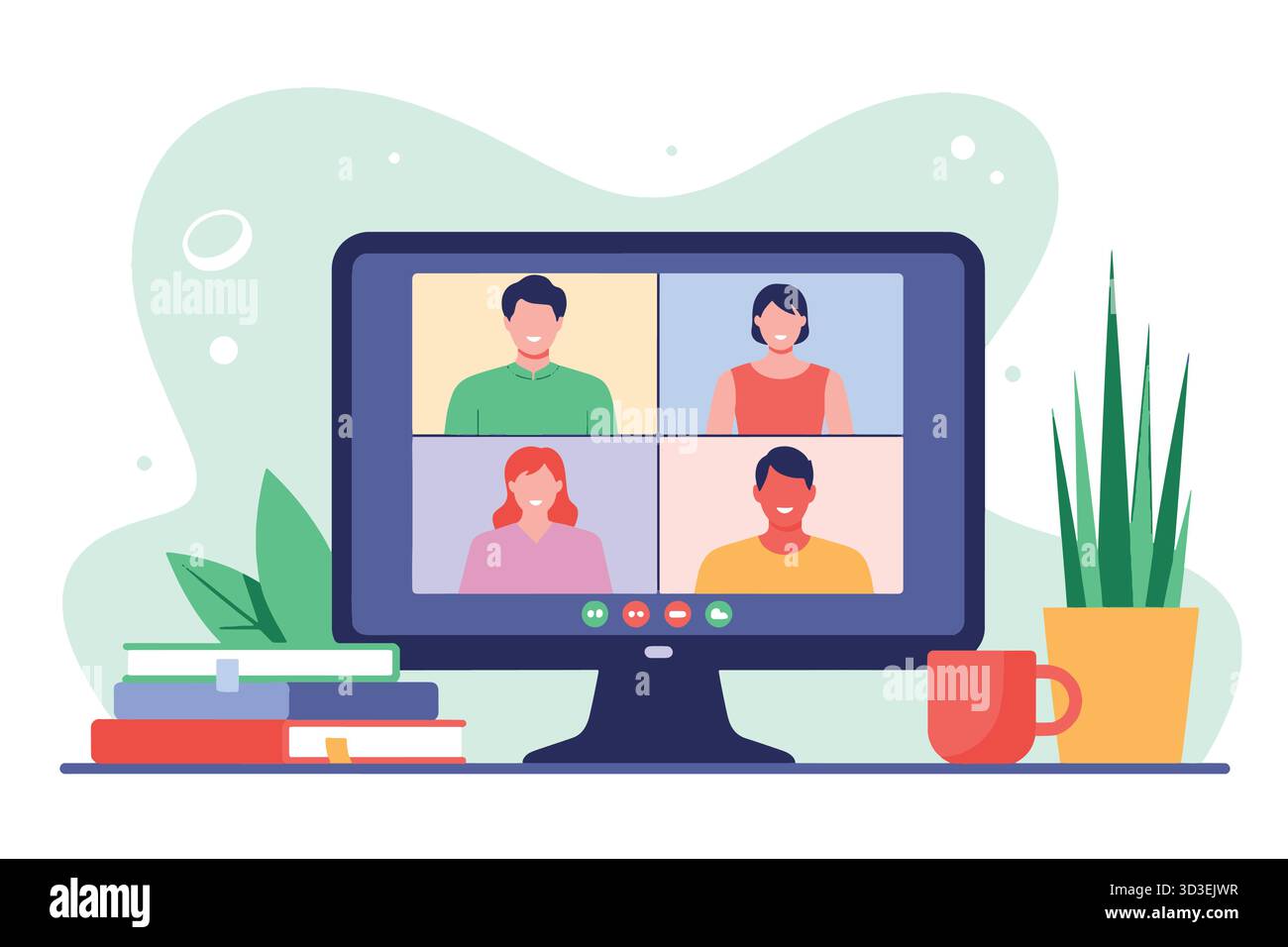 Virtual Meeting on Computer Screen with Diverse People and Office Setup Stock Vector