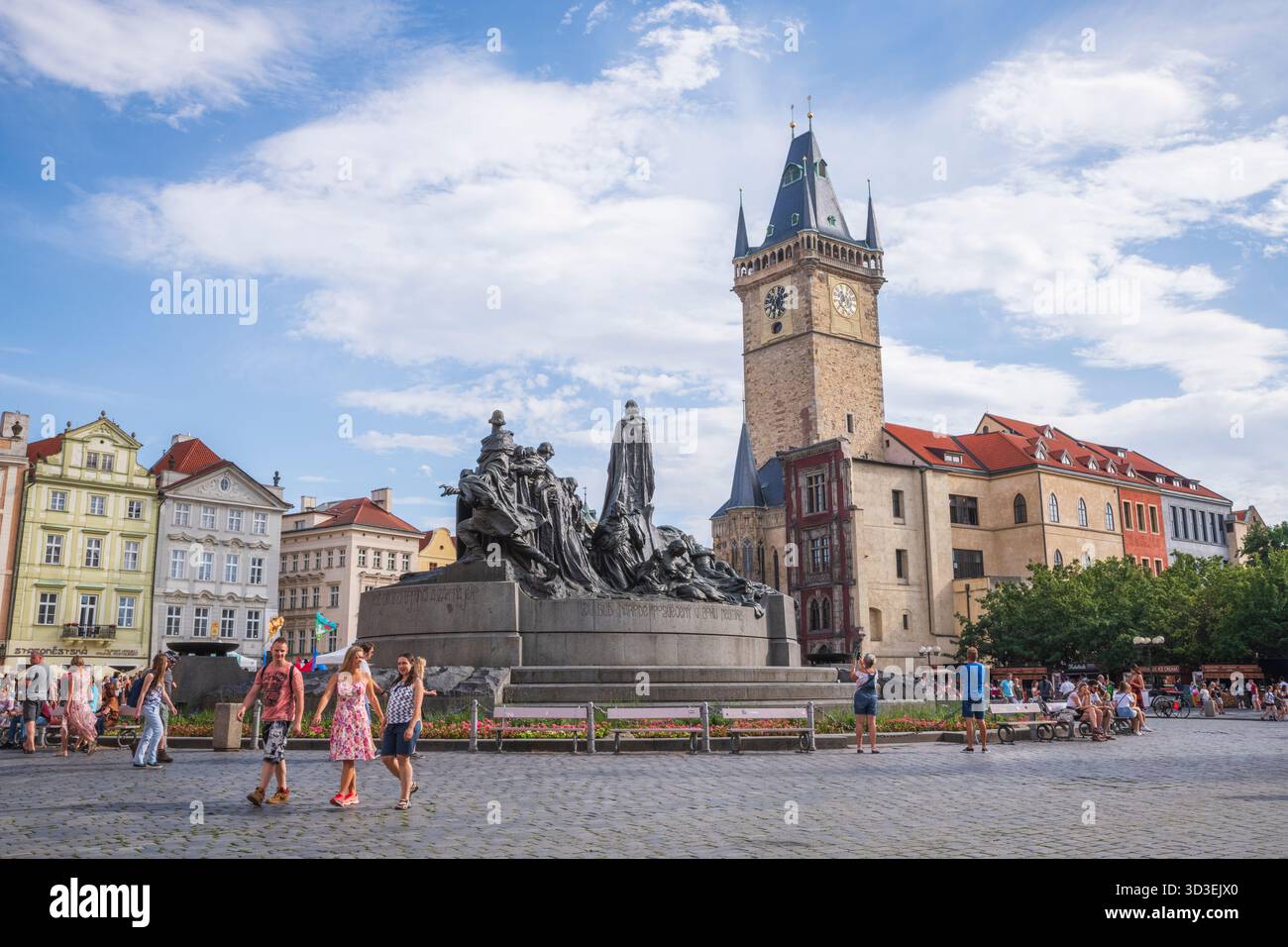 Prague, Czechia - July 6, 2019: The Jan Hus Memorial stands at one end of Old Town Square, Stock Photo