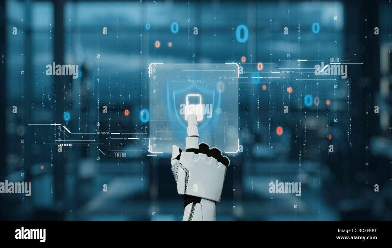 A robotic hand interacts with a digital security interface, highlighting advanced technology in cybersecurity. This futuristic image emphasizes Stock Photo