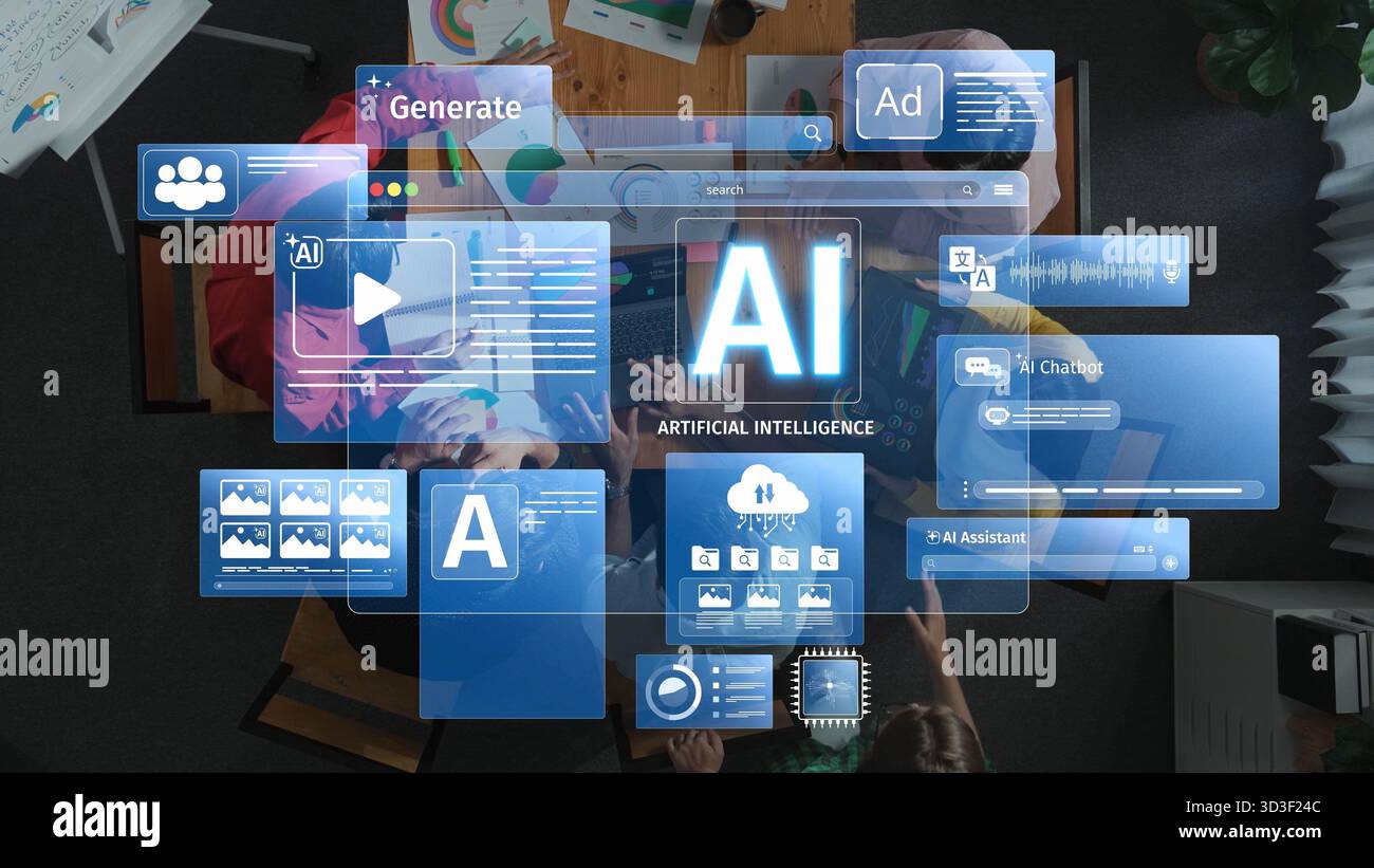 Aerial view of a collaborative workspace featuring advanced artificial intelligence technology showcasing digital tools for creativity, analysis, and Stock Photo