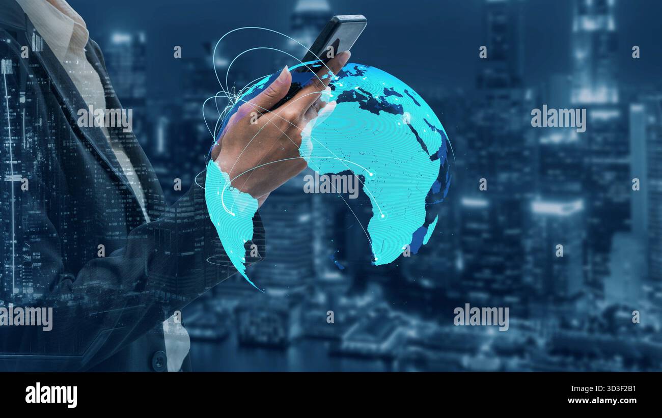 Global network connection visualization showing data exchange, digital link, worldwide communication. Global data flow and digital network Stock Photo