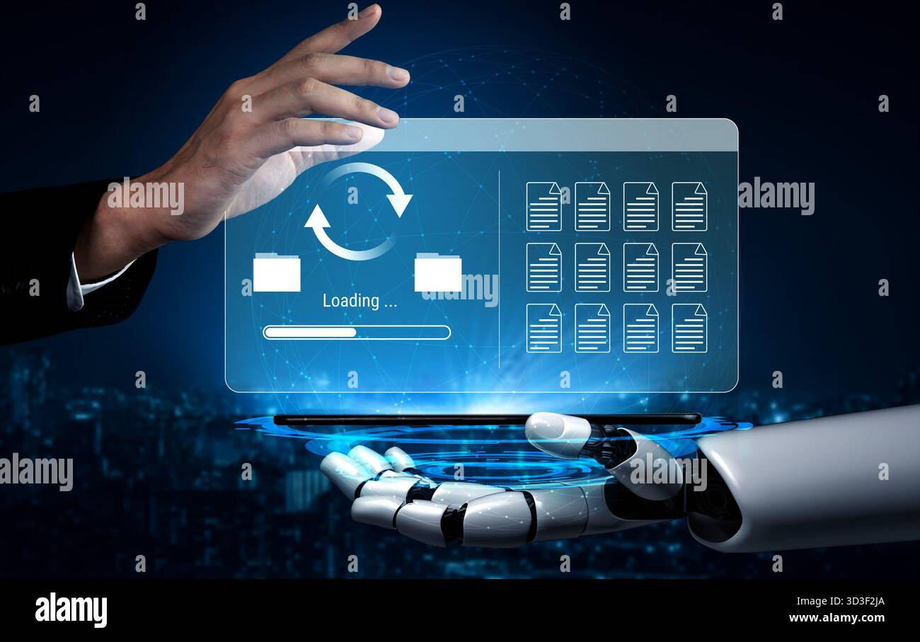 AI automating data synchronization and file management processes, optimizing transfer speed and ensuring seamless backup operations across systems Stock Photo