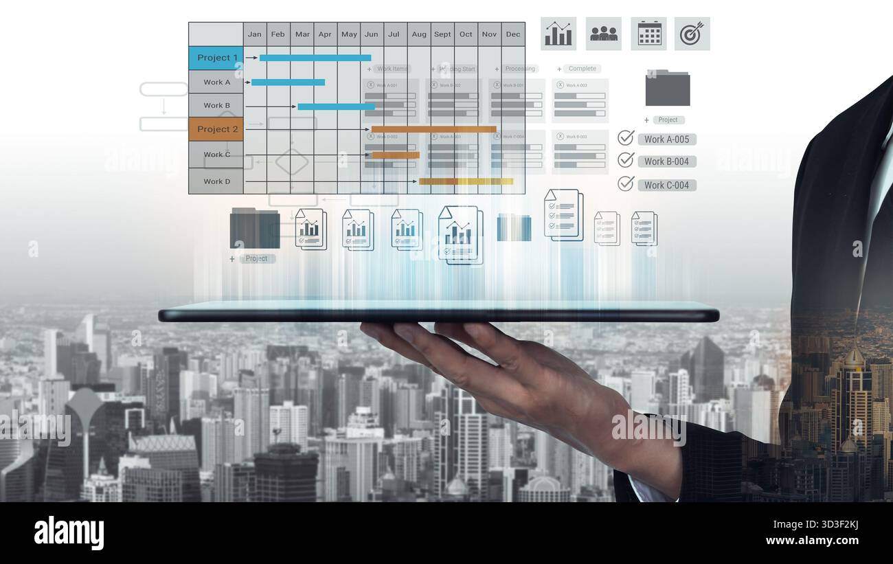 Digital visualization of multiple project timelines with progress tracking, documents, and team collaboration symbols Parse Stock Photo