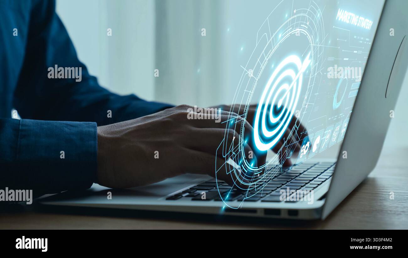 Man Typing on Laptop with Digital Interface Displaying Technology and Data Analytics in Modern Office Environment. Qubit. Stock Photo