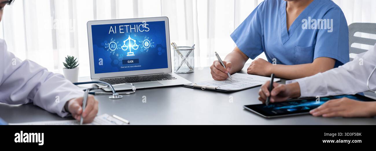 AI ethics responsibility standard law and rules on computer screen provide report of AI ethic transparency preventing technology crime. brisk Stock Photo