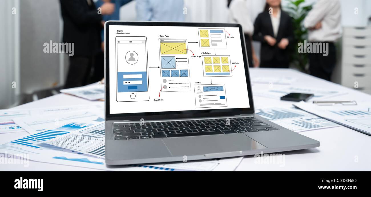 UX UI design process for brisk mobile application and website . Creative prototype of wireframe for professional app developer . Stock Photo