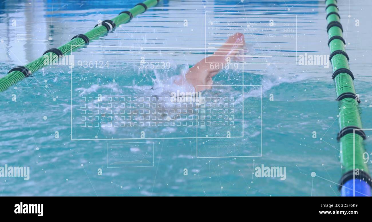 Pool Lap Rope Male swimmer performing crawl in lap pool with green black lane ropes ...