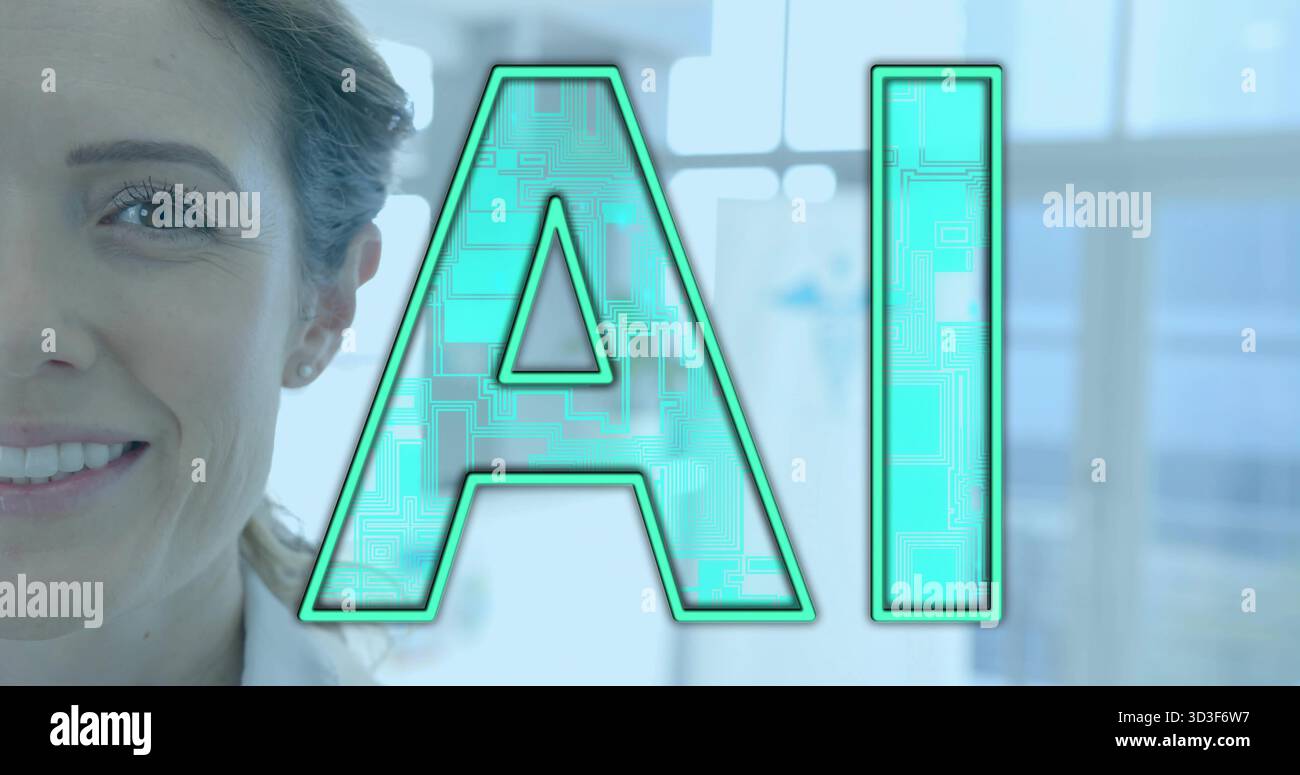 Woman wearing lab coat smiling in modern lab, with frosted glass and AI letters, copy space Stock Photo