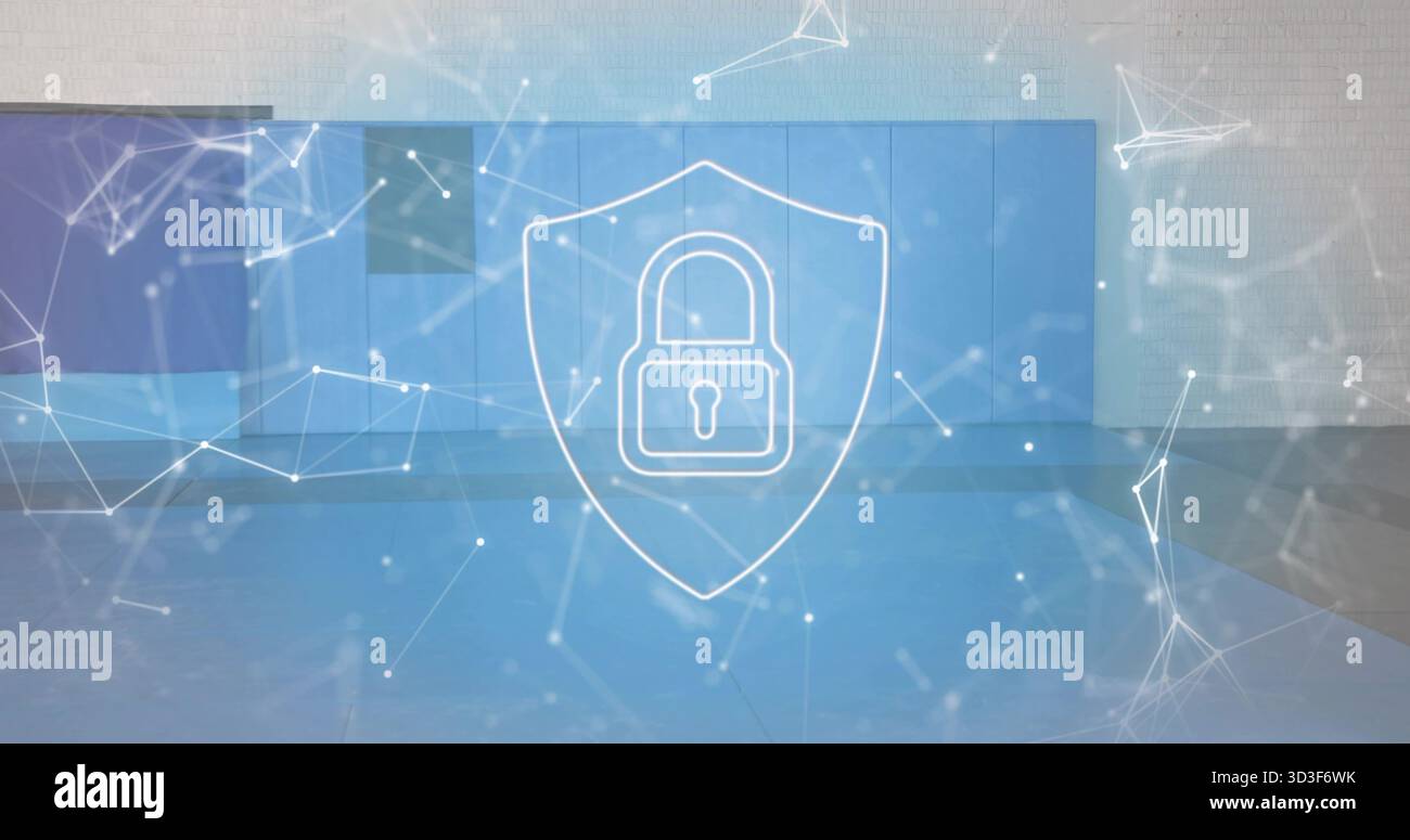 Projecting white shield with padlock hovering over conference stage, network nodes, blue panel wall Stock Photo