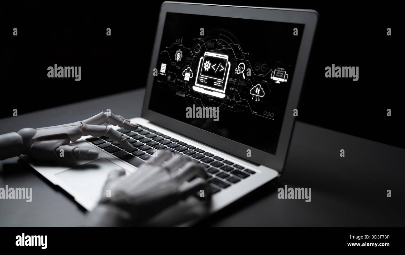 AI streamlines web development with smart coding tools, interface automation, and futuristic design systems for building efficient online platforms Stock Photo