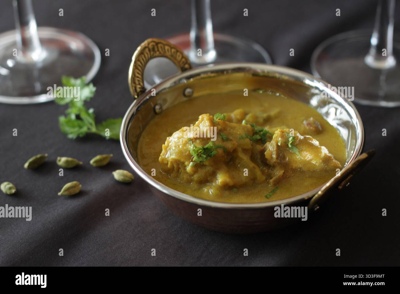 Indian chicken gravy shown here with some of the spices used in the preparation of numerous Indian curries and gravies. Stock Photo
