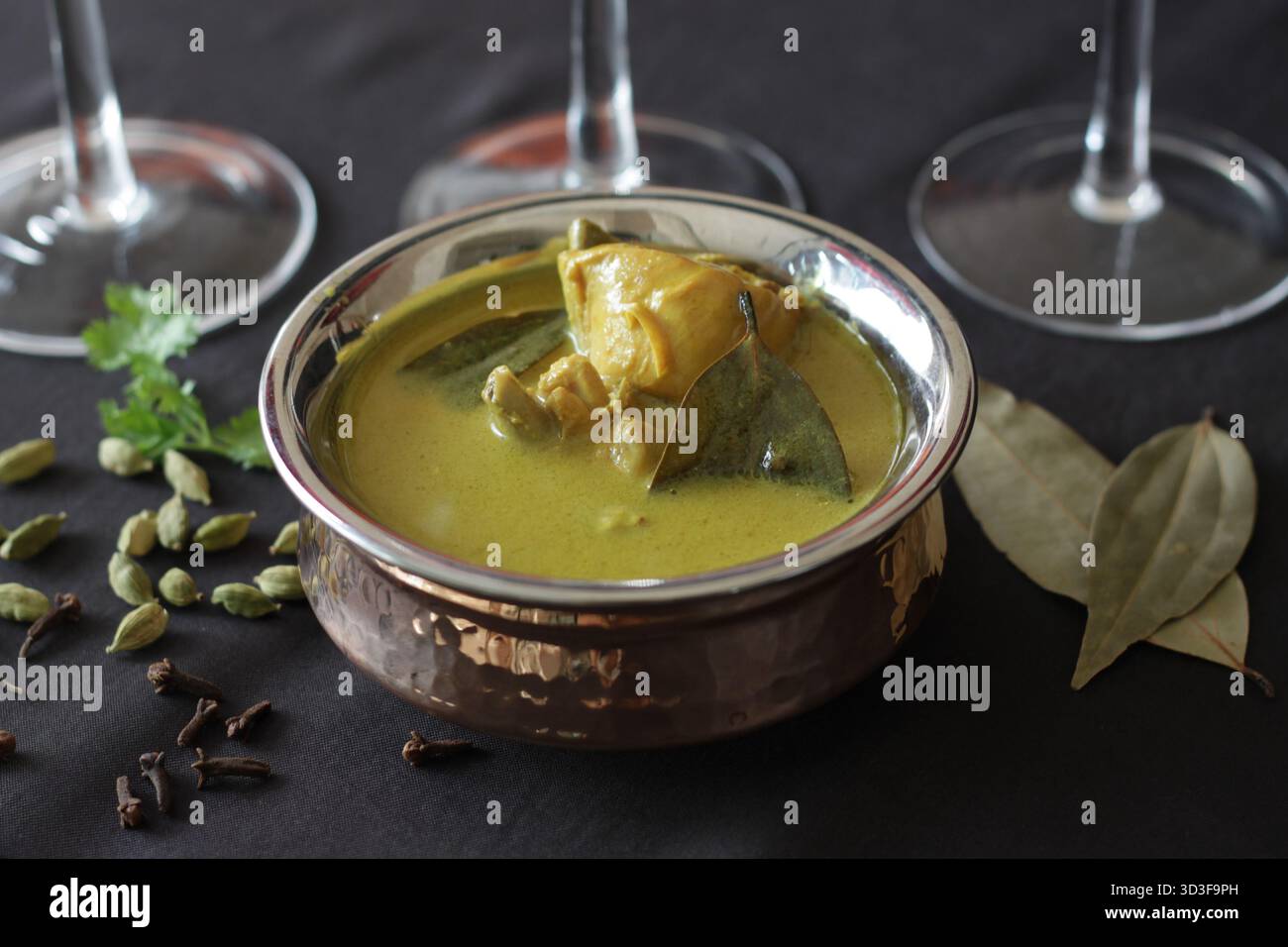 Indian chicken gravy shown here with some of the spices used in the preparation of numerous Indian curries and gravies. Stock Photo