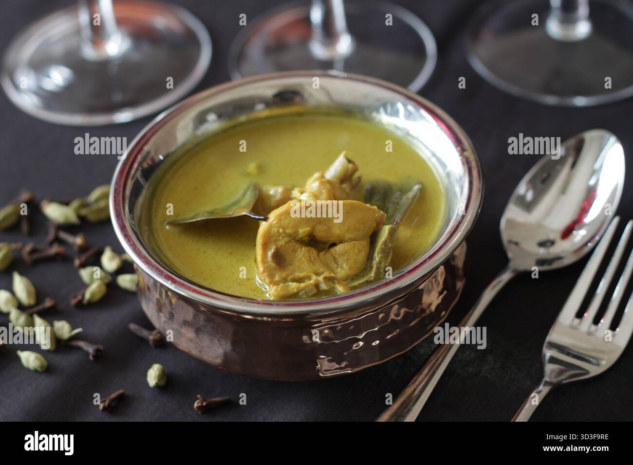 Indian chicken gravy shown here with some of the spices used in the preparation of numerous Indian curries and gravies. Stock Photo