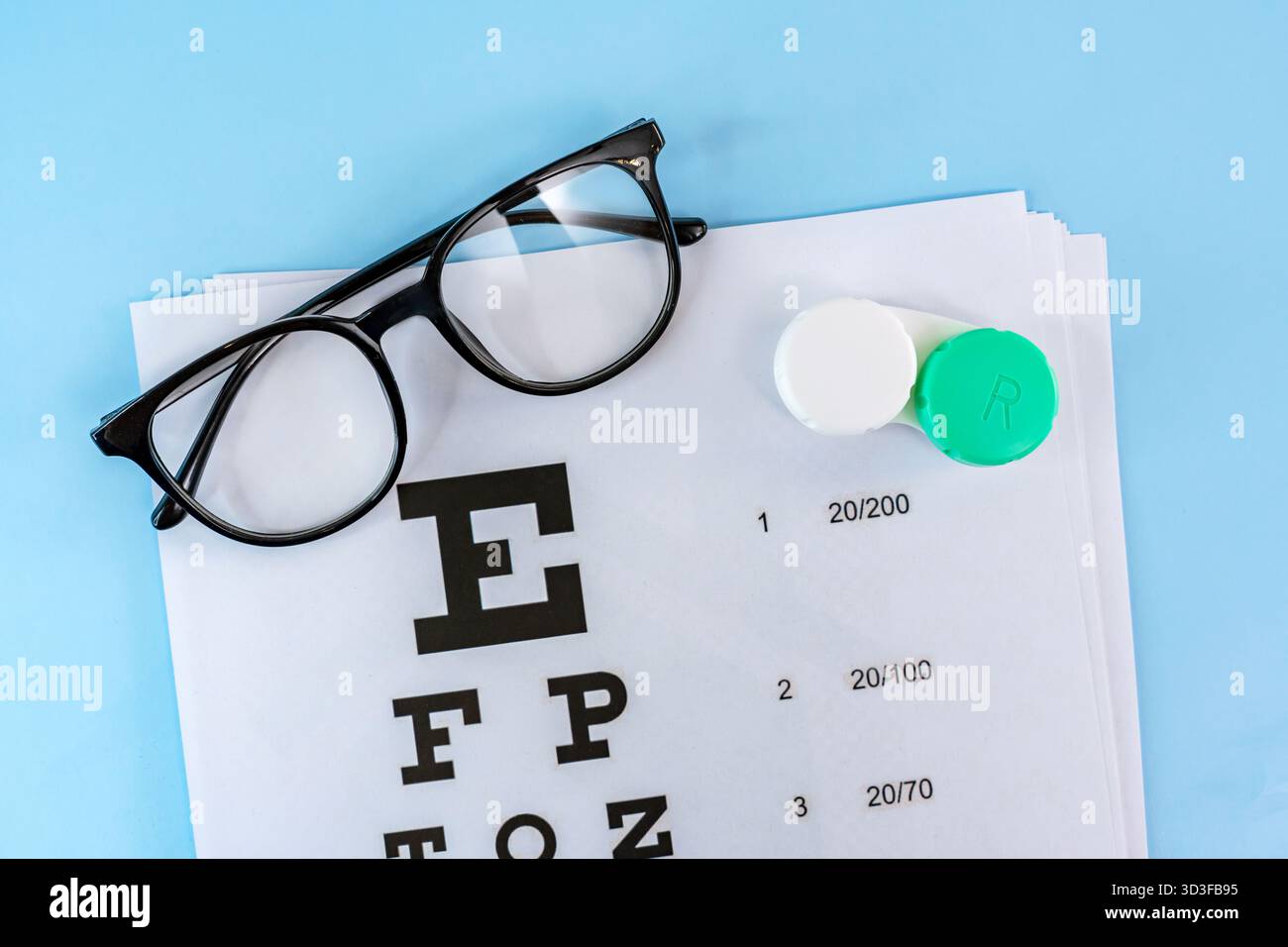 A doctor poster for visual acuity testing and glasses with a container ...