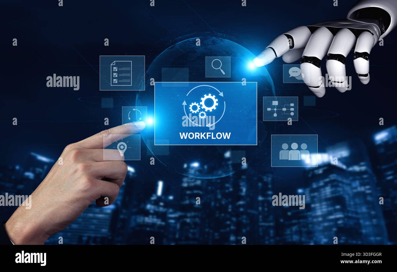 AI streamlines business workflows by automating repetitive tasks, enhancing team coordination, and optimizing structured processes for greater Stock Photo
