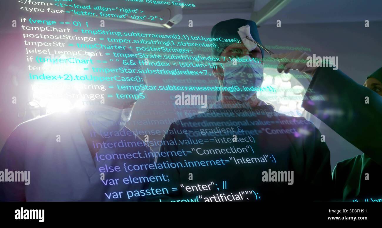 Demonstrating man wearing VR headset interacting with projected code in high-tech lab, with cables Stock Photo